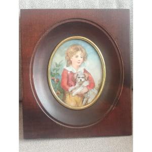 Painted Miniature Of A Child With A Dog Late Nineteenth