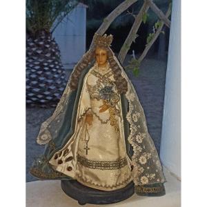 Popular Virgin In Wax Dressed In Velvet And Lace, Spain Late Nineteenth
