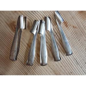 Suite Of 5 Individual Asparagus Tongs In Silver Metal