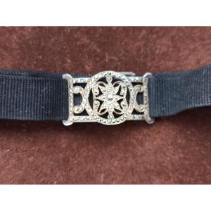 Bracelet In Silver And Pyrite With Its Silk Ribbon Romantic Period 19th