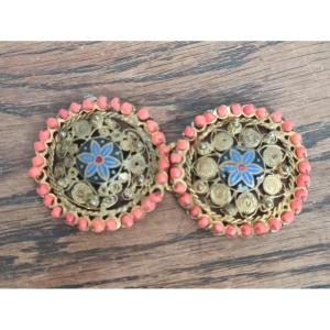 Pair Of Gold-plated Metal Belt Buckles, Partially Enameled And Decorated With Cora Pearls