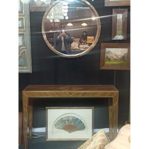 Console And Its Mirror In Straw Marquetry, A Contemporary Work From The Late 20th Century
