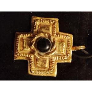 Vintage Cross In Gilded Brass And Stone Signed Viva Paquita Circa 1980