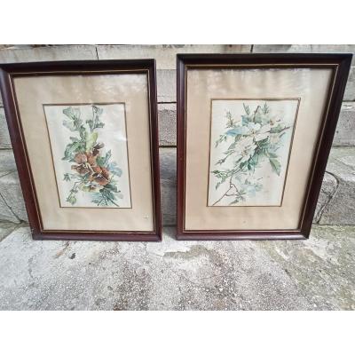 Watercolors Of Flowers Forming Pair Art Nouveau Period
