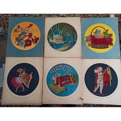 Suite De 6 Peintures Sur Soie Indochinoises D époque Art Déco.