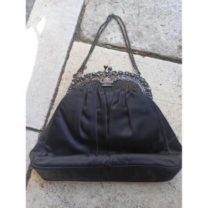 Aumôniere Or Evening Bag In Black Satin And Silver Late Nineteenth