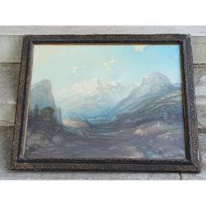Huile Sur Toile Paysage De Montagnes , Toile Signée à L Encre Arbelli 1894