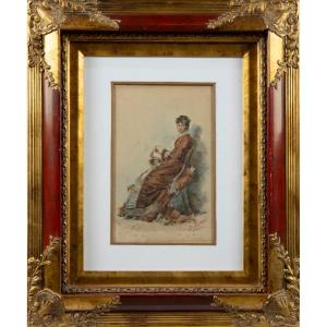 Watercolor, Seated Woman, Lodovico De Courten (1870-1880)