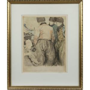 Color Engraving, Fishermen On The Quay, Henri Cassiers (1890-1900)