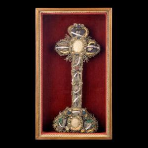 Antique Reliquary In The Shape Of A Cross – 12 Relics Of Holy Martyrs – Wax Seal