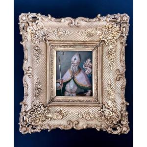 Painting On Copper – Saint Bishop With Cherub – 19th Century
