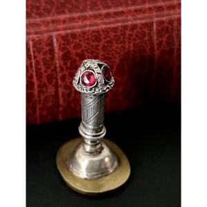 Allegorical Wax Seal In Gilded Bronze And Silver Plated Metal - Winged Putto & Coat Of Arms