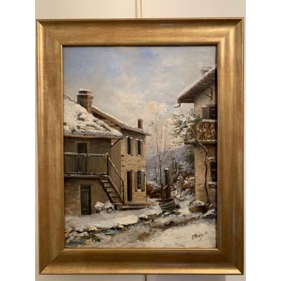 The Village Fountain Under The Snow- Jean Bain (1860-1908)