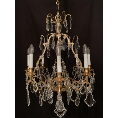 Cage Shaped Chandelier Bronze And Crystal