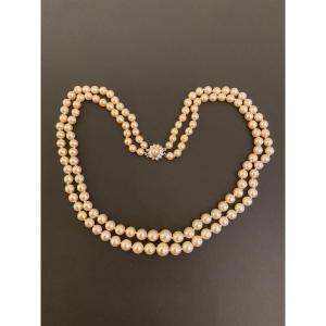 Necklace Two Rows Cultured Pearls, Gold Clasp And Diamonds