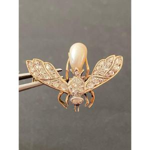 19th Century, Gold Bee Brooch, Fine Pearl And Diamonds