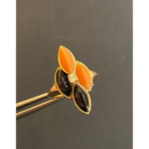 Gold, Coral And Onyx Ring