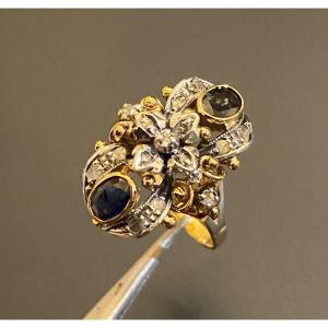Antique Ring In Gold, Silver, Sapphires And Diamonds