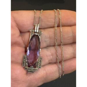 Art Deco: Silver, Amethyst And Marcasite Necklace. Circa 1930.