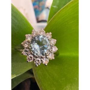 Daisy Ring In 750/1000 White Gold, Aquamarine And Diamonds.
