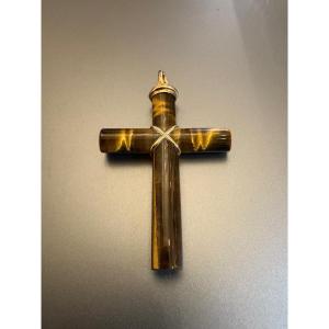 Yellow Gold And Tiger's Eye Quartz Cross
