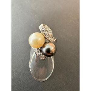 Platinum Ring, Akoya Pearl, Tahitian Pearl And Diamonds.