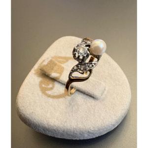 Antique Toi Et Moi Ring In Gold, Pearl And Diamonds 