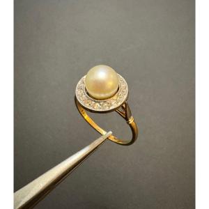 Art Deco: Gold Ring, Cultured Pearl And Rose-cut Diamonds.