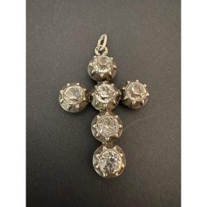 19th Century: Old Regional Cross In Silver And White Stones