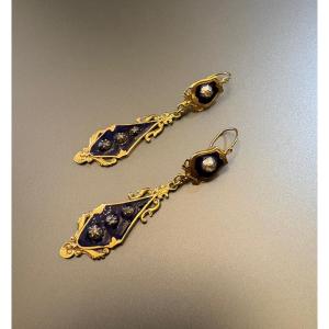 Napoleon III: Pair Of Earrings In Gold, Silver, Diamonds And Enamel.
