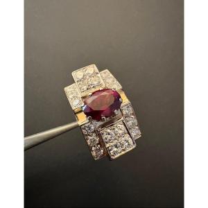 Impressive Tank Ring In 18k Gold, Tourmaline And Diamonds 