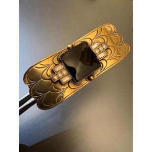 Art Deco: Brooch In Brass, Rhinestones And Black Glass