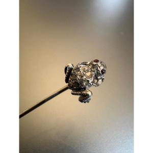 Antique Silver Frog Tie Pin 800/1000 Eme, Garnets And Diamonds