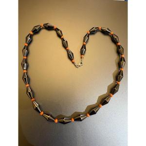 Coral And Hematite Necklace. 925/1000 Eme Silver Clasp.