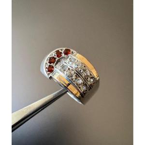 Antique Tank Ring In Silver, Gold, Garnets And White Stones