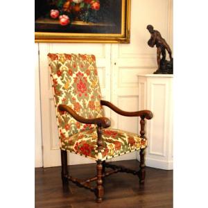 Armchair With High Flat Backrest In Walnut, Late 17th Century, Louis XIII Style. Baluster Base.