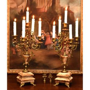 Pair Of Candelabras In Bronze And Onyx,  Napoléon III , 19th Century, Candlesticks With Five Arms Of Light