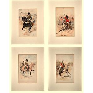 Vallet Louis (1856-1940) Suite Of Four Lithographs, Military Scene, Cavalry Officer