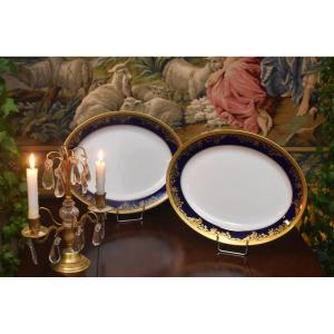 Haviland Limoges Porcelain , Pair Of Large Pompadour Model Dishes, Oven Blue And Double Inlay