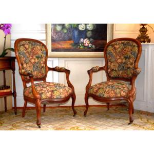 Pair Of Mahogany Armchairs, Louis Philippe Period, Violin Cabriolet Backrest, XIXth