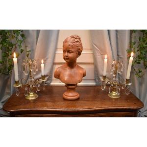 Large Patinated Terracotta Bust Representing Louise Brongniart After Houdon,