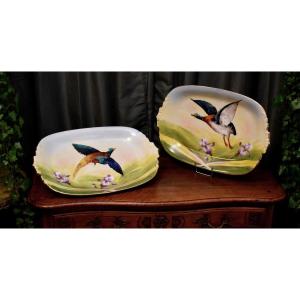 Important Pair Of Limoges Porcelain Decorative Dishes, Hand Painted Decor Pheasant Duck