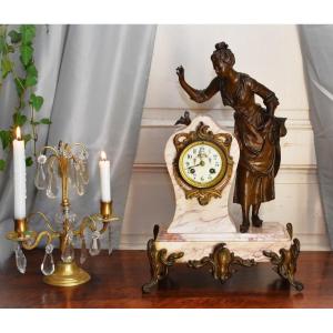 Marble Pendulum, Character Regulates Brown Patina, Young Peasant Woman With A Bird, Art Nouveau.