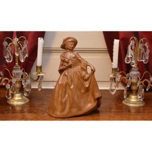 R. d'Arly Terracotta Sculpture, Elegant Statue With Little Dog.