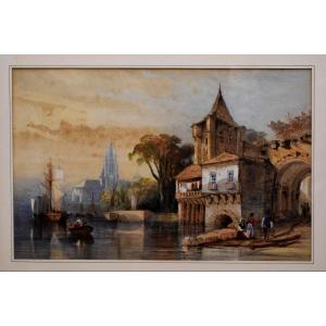 Animated River Landscape, Framed And Animated Watercolor With Figures And Boats, Small Port.