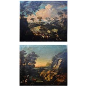 Pair Of Paintings, Northern Italy, 18th Century, Animated Landscapes, Herd Drinking Scenes