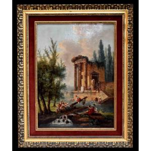 Animated Ruin Landscape, French School, Antique Decor. Late 19th Century