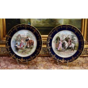 William Guerin, Pair Of Limoges Porcelain Dishes, Polychrome Scene Galante Decor