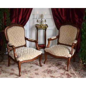 Pair Of Louis XV Style Queen Armchairs In Walnut, Large Backrest, 19th Century. Velvet.