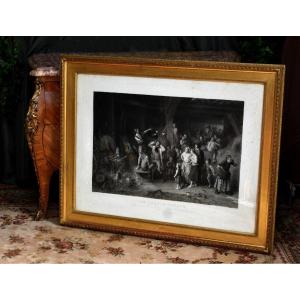 Importante Gravure " le saltimbanque "  Et Son Cadre Doré   Gravé Par Paul  Girardet d'Après  Louis Knaus édité par Goupil et Cie 